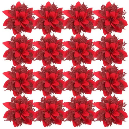 Large Glitter Artificial Christmas Flowers with Clips DIY Fake Flower Xmas Tree Ornaments for Home New Year Decoration Supplies