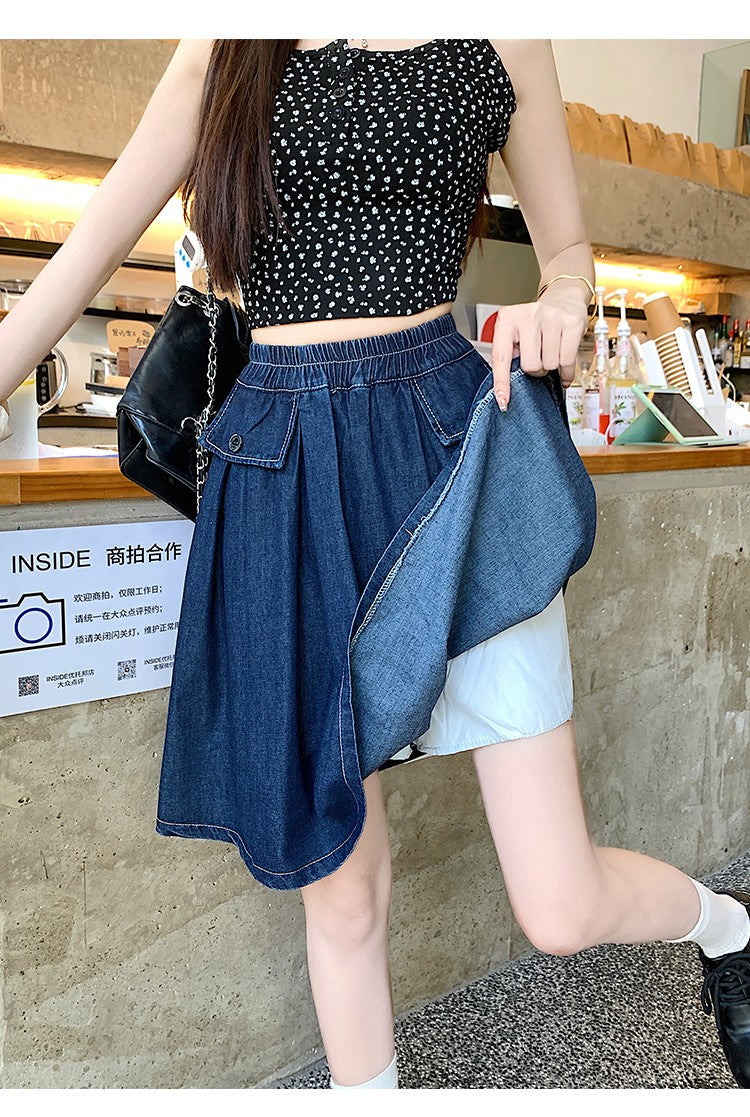 Casual Summer Plus Size Midi Denim Skirts Woman Preppy Loose A-line Ruffles Skirt With Shorts Elastic Waist Jeans Skirts Women
