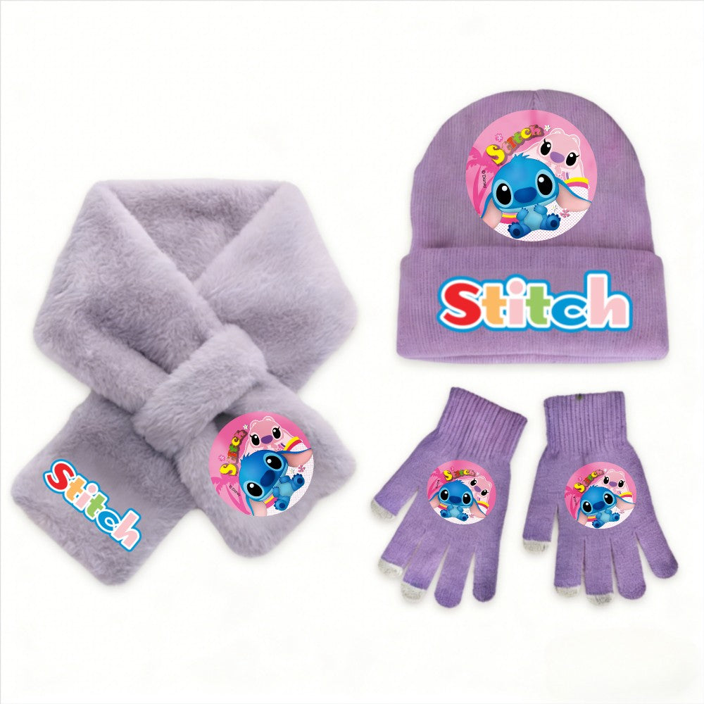 Conjunto de 3 peças de chapéu, cachecol e luvas de malha de inverno Stitch Disney Kawaii quente para meninas Acessórios casuais de moda infantil presente de Natal perfeito