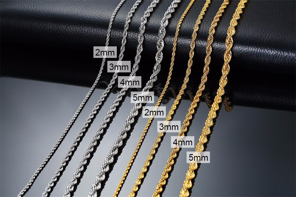 Ropes Long Necklace for Men Women,Stainless Steel Gold Color Twisted Rope Chain Collar,2/3/4/5mm Punk Basic Waterproof Jewelry
