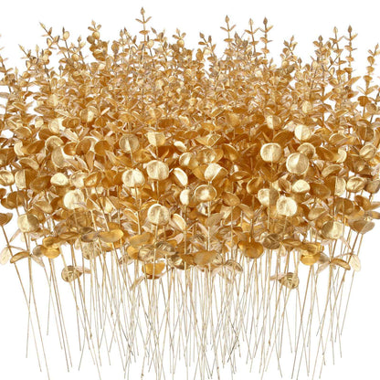 15pcs Artificial Eucalyptus Stems Gold Faux Eucalyptus Branch Wedding Bouquet DIY Decor Home Party Table Christmas Decorations