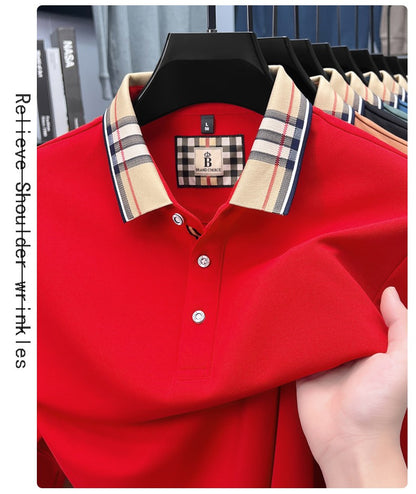 Luxury brand long sleeve polo shirt men comfortable casual autumn item silk cotton high-end Korean fashion plaid lapel T-shirt