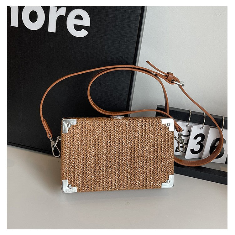 Couple's Sling Bag Straw Weaving with Corner Metal Decoration Boxy Shape Doctor Bag for Date Back to School Party Shoulder Bag