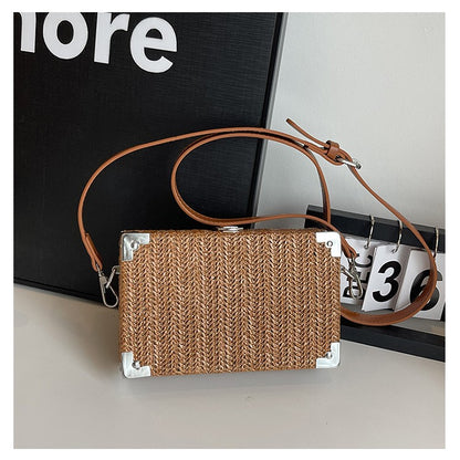 Couple's Sling Bag Straw Weaving with Corner Metal Decoration Boxy Shape Doctor Bag for Date Back to School Party Shoulder Bag