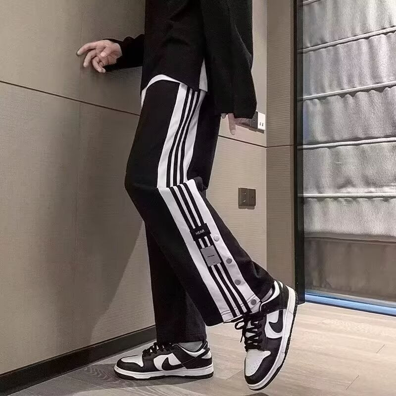 Calças casuais masculinas de verão estilo camisa, listras da moda coreana, calças retas com blocos de cores de alta costura, Hong Kong