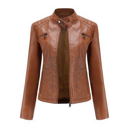 2025 Autumn Women's Black Moto Biker Zipper Jacket, Red Apricot Coffee PU Coat, Light Purple Outerwear.