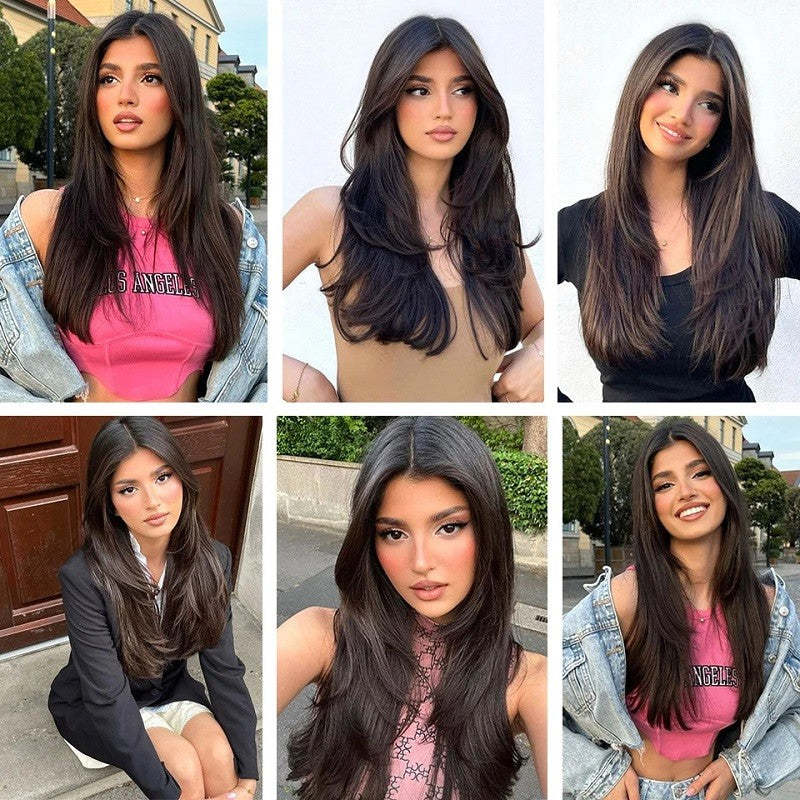 Extensões de Cabelo Sintético Longo Liso em V de 16 Polegadas com 4 Clipes, Aplique Preto Marrom para Adicionar Volume, Uso Diário e em Festas por Mulheres