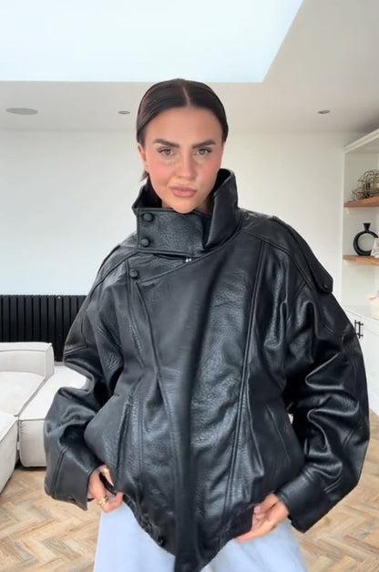 Autumn Fashion Standing Collar Women's Leather Jackets Windproof Loose Fold Coats Locomotive Style High Street Outdoors Clothes