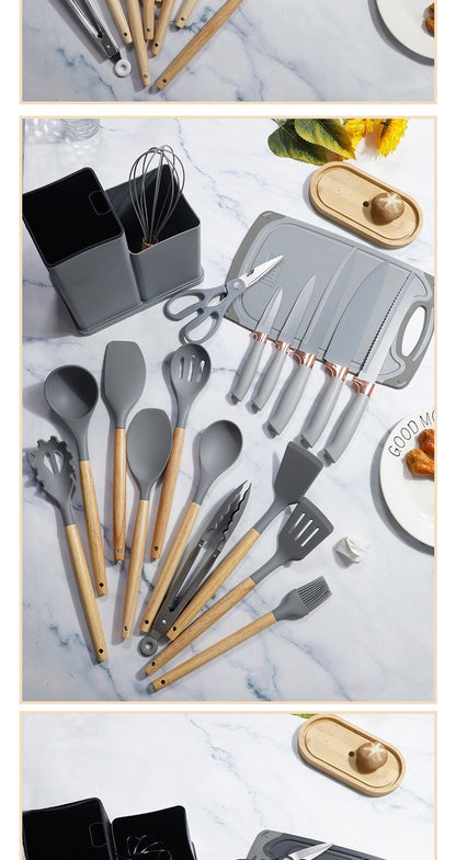 Conjunto de utensílios de cozinha de silicone, 19 peças com cabo de madeira, espátula, panela antiaderente e balde de armazenamento de facas multiuso integrado