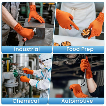 50 UNIDADES Luvas de Nitrilo Laranja Descartáveis Resistentes de 8Mil com Textura de Diamante Elevada para Construção, Indústria, Mecânica Automotiva
