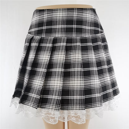 New Contrast Lace Plaid Pleated Skirt Vintage Sexy Skater Clothes Harajuku Gothic Punk England Style Y2k Skirt