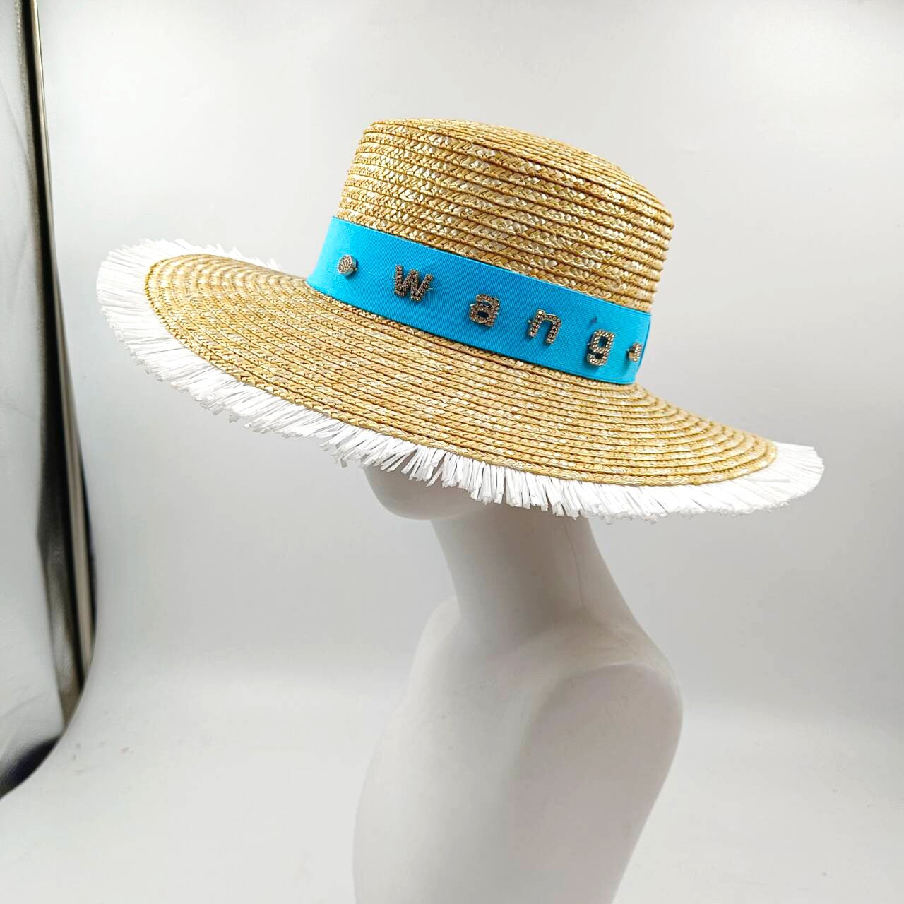Chapéu de palha de verão alfinete de pérola chapéu de palha feminino de aba plana oco com ranhuras de verão para praia e sol sombreiro ????