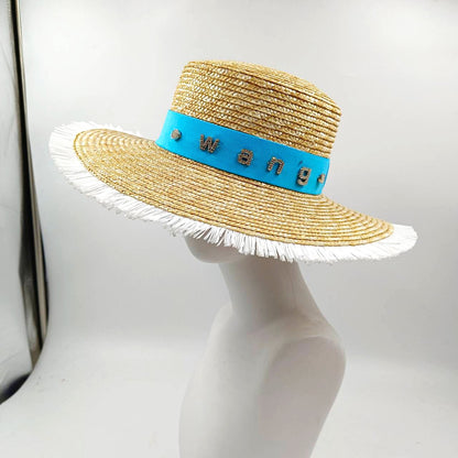 Chapéu de palha de verão alfinete de pérola chapéu de palha feminino de aba plana oco com ranhuras de verão para praia e sol sombreiro ????