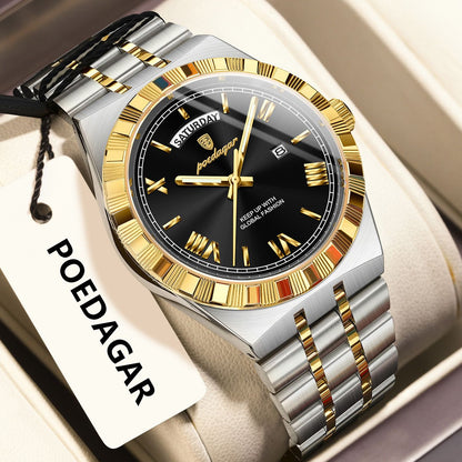 POEDAGAR Luxury Business Man Watch Week Date Waterproof Luminous Watches For Men Stainless Steel Quartz Fashion Men's Wristwatch
