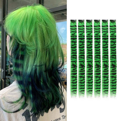 6 pçs/conjunto Listra Impressa Cabelo Colorido Longo Liso Pedaços de Cabelo Sintético com Clipe para Uso Diário Festa Natal