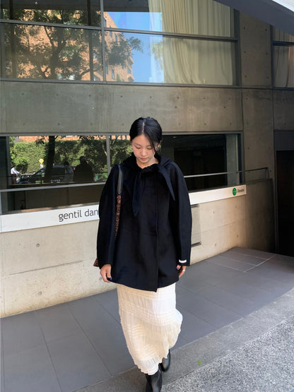 Korean Sle Woolen Coat Women's Chic Temperament Sweet Bow Tie Collar Hooded Warm Woolen Coat Long Sve Mid-Length