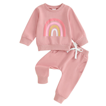 Pudcoco Infant 2PCS Baby Girls Fall Outfits Long Sleeve Rainbow Print Sweatshirt + Pants Set Toddler Clothes 3M-3T