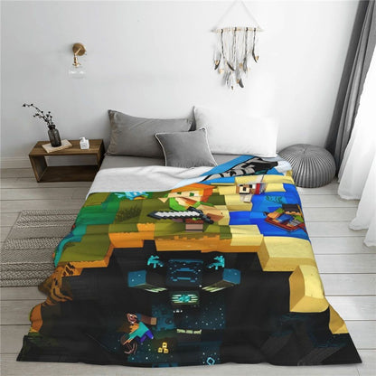 Cartoon Mines Pixel Game Crafts Flannel Blanket Super Warm Throw Blanket for Home Decor Decorative Street Trend Bedspread