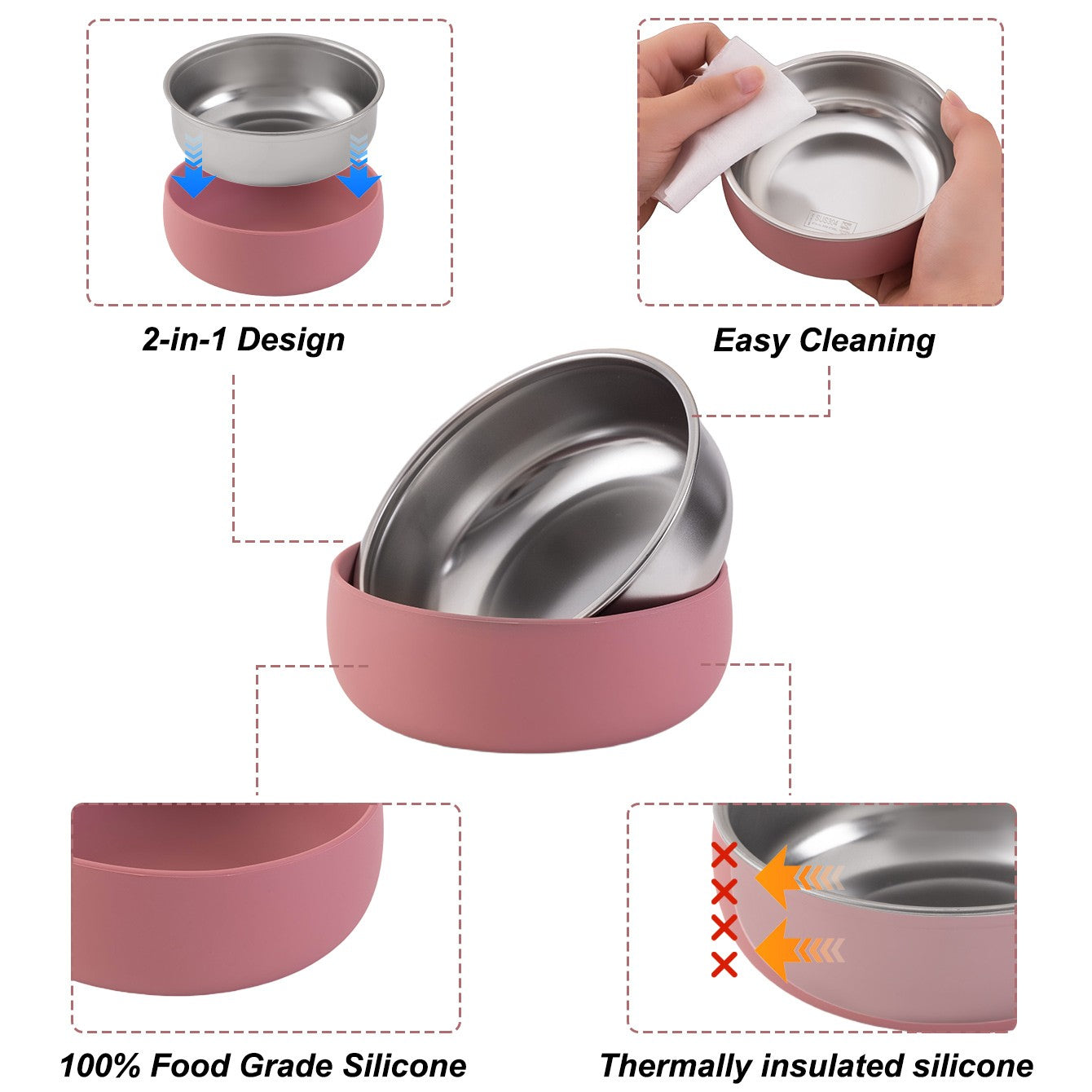 2PCS Baby Feeding Set Stainless Steel Silicone Detachable Bowl Heat Resistant Food Dishes Plate BPA Free Children's Tableware