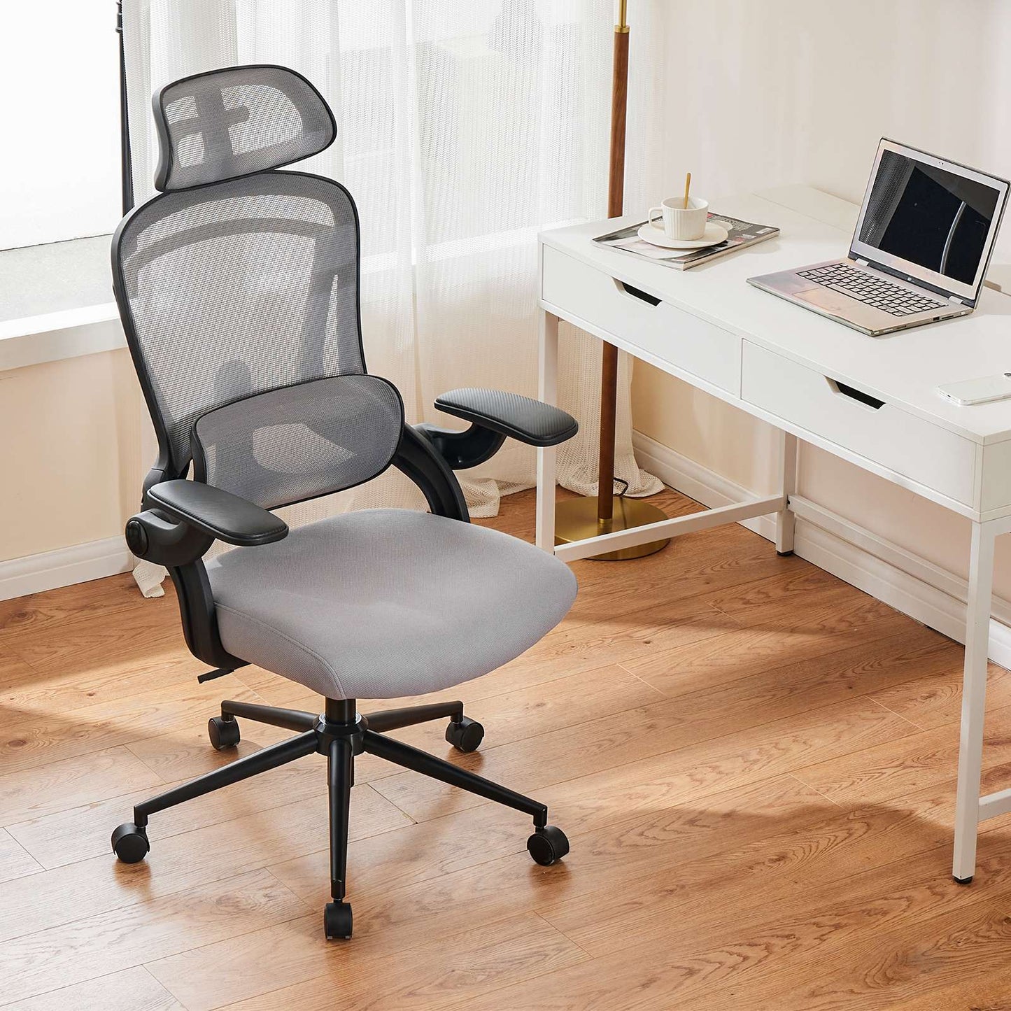 Cadeira de Escritório Ergonômica JHK com Apoio Lombar Ajustável em Mesh, Inclinação de 120°, Encosto Alto Confortável e Braços Macios Retráteis