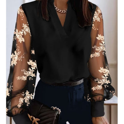 Spring And Autumn Women's Fashionable Round Neck Lace Patchwork Shirt Elegant Long Sleeved Hollow V-neck Loose Fitting Blouse