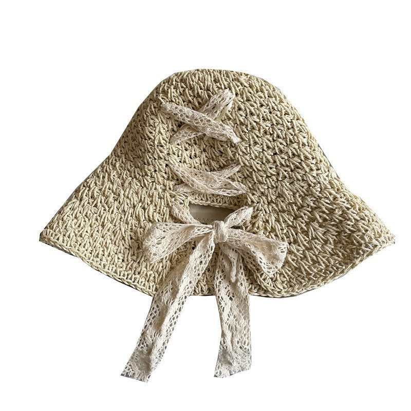Straw Hat Women's Lace Bow Hollow Crochet Cap Summer Sunshade Sun Hat Fashion Foldable Beach Hat
