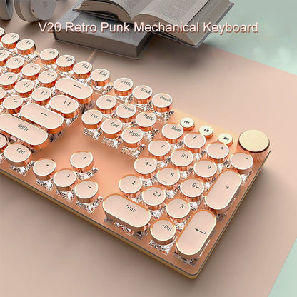 EWEADN V20 Punk Typewriter Teclado Mecânico para Jogos, 104 Teclas Redondas com Retroiluminação LED Branca, Design de Cabo Removível