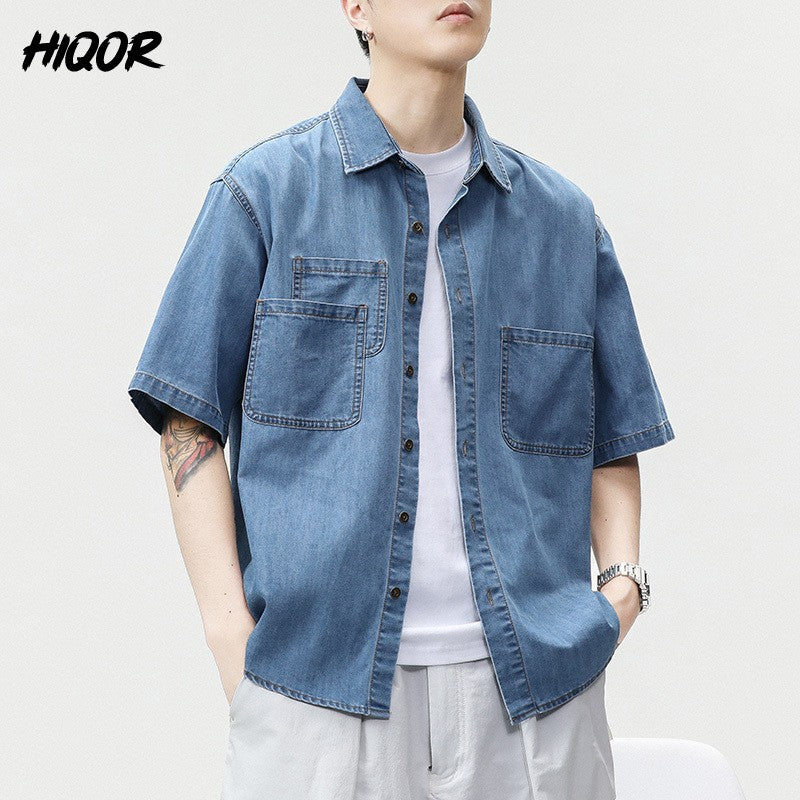 2025 Summer New Men's Casual Loose Shirt Polo Neck Short Sleeve Single Breasted Shirts Men's Vintage Solid Cargo Jeans  Tops
