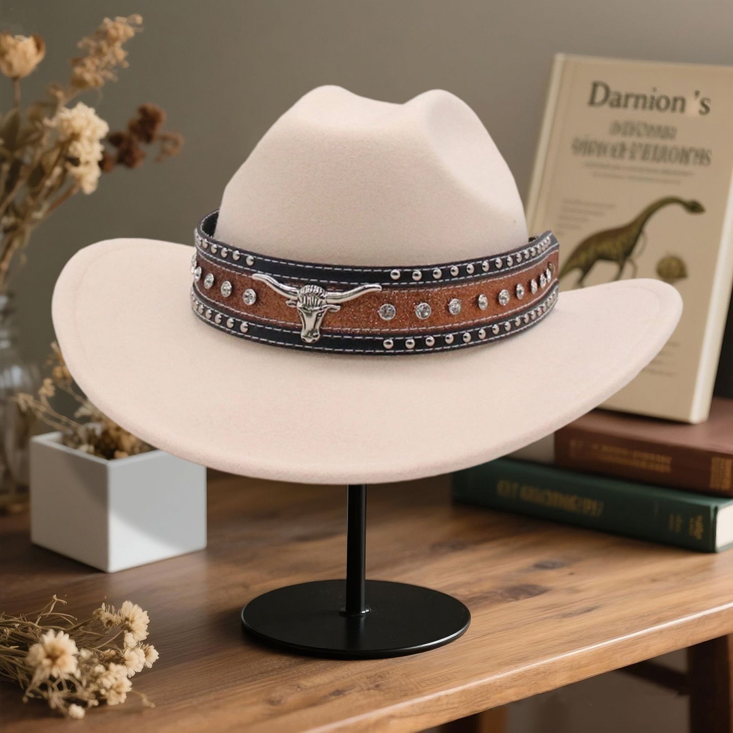 Fashionable Wide Brim Hat with Rhinestone Bull Belt - Trendy Cowgirl Cap for Men and Women Perfect for Outdoor Activities