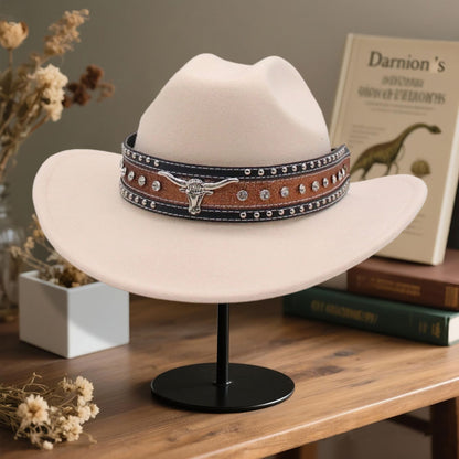 Fashionable Wide Brim Hat with Rhinestone Bull Belt - Trendy Cowgirl Cap for Men and Women Perfect for Outdoor Activities