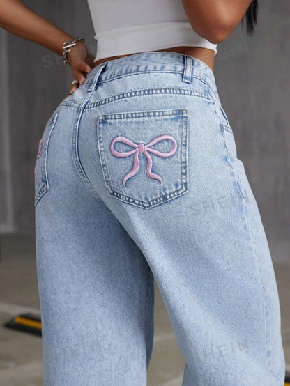 Bow Embroidered Jeans Women's Sweet Spicy Style High Waist Straight Leg Pants Loose Casual Wash High Street Denim Pants