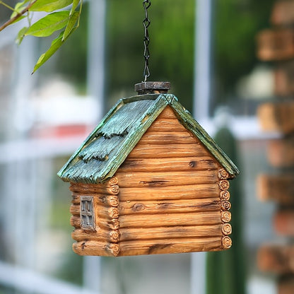 Casa de Pássaro Rústica para Jardim, Resina ABS Durável com Telhado de Madeira. Ideal para Observação de Pássaros e Decoração Externa. Não Precisa de Bateria.