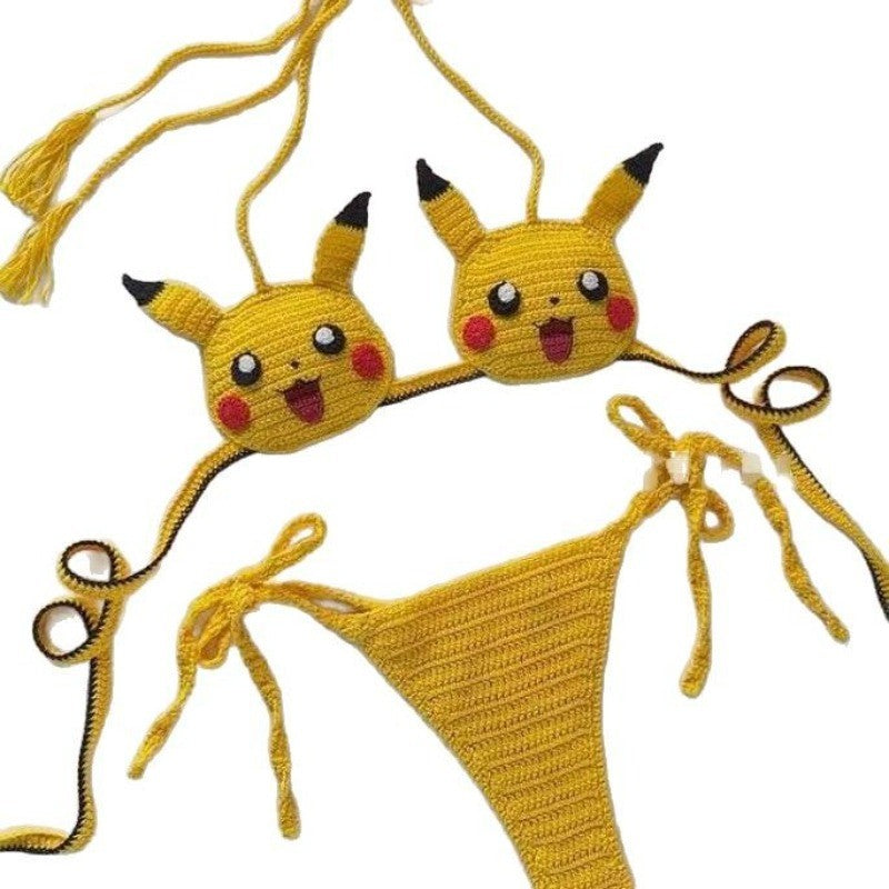 Kwaii Pikachu Girls Sexy Swimsuit Handmade Crochet Cute Bikinis Set 2pcs Womens Swimming Suit String Bikini Thongs Bathing Suit