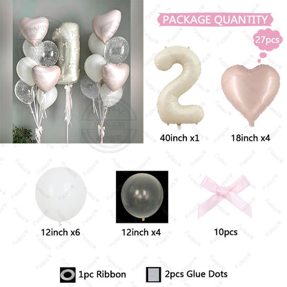 32inch Pink Bows Number Balloons Cream White Beige Number Foil Balloons Pink Bows For Birthday Coquette Themed Party Decor