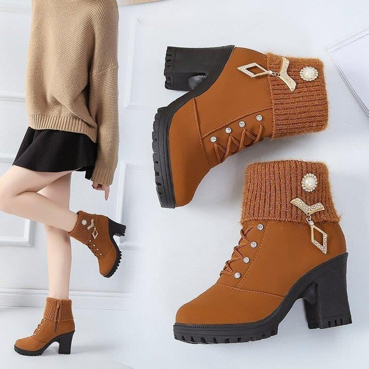 Women's Designer High Heels Shoes 2023 Winter New Warm Non-slip Block Cow Suede Warm Snow Boots Fashion Crystal Plush Goth Botas