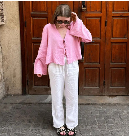 C.NEW S 2024 Spring New Female Street Tops Green Linen Lace Up Long Sleeve For Women Fashion Chic Casual Loose V Neck Shirt