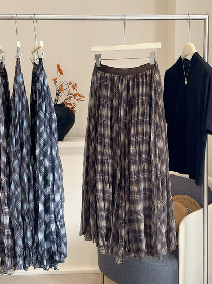 Mesh splicing color blocking plaid midi skirt for women in autumn 2025, new high waisted drape pleated loose umbrella skirt