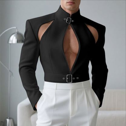 INCERUN Men Blazer Solid Stand Collar Long Sleeve Hollow Out Male Suit Streetwear Personality Fashion Casual Blazer With Belt