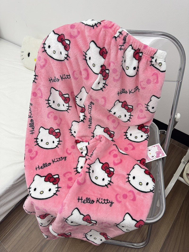 Anime Stitch Plush Pajama Pants Sanrio Kawaii Hello Kitty Cute Women Winter Warm Student Sleeping Pants Loose Casual Home Pants