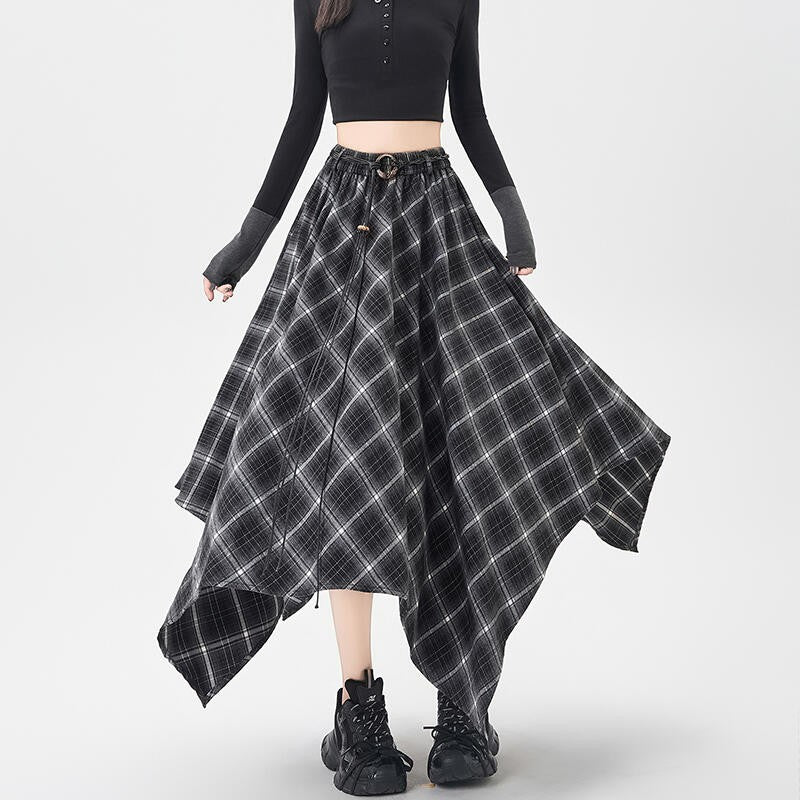 Women Skirt Plaid High Waisted Elastic A Line Mid Length Korean Style Fashion Retro Versatile Irregular Autumn Skirt