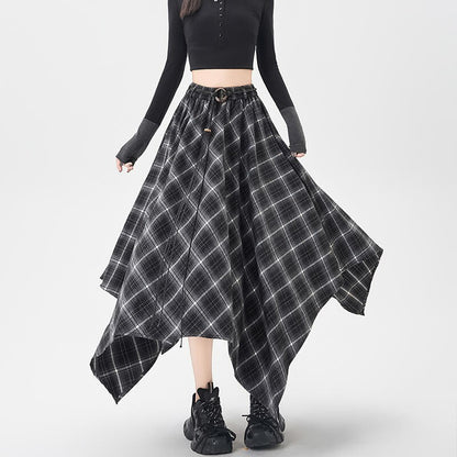 Women Skirt Plaid High Waisted Elastic A Line Mid Length Korean Style Fashion Retro Versatile Irregular Autumn Skirt