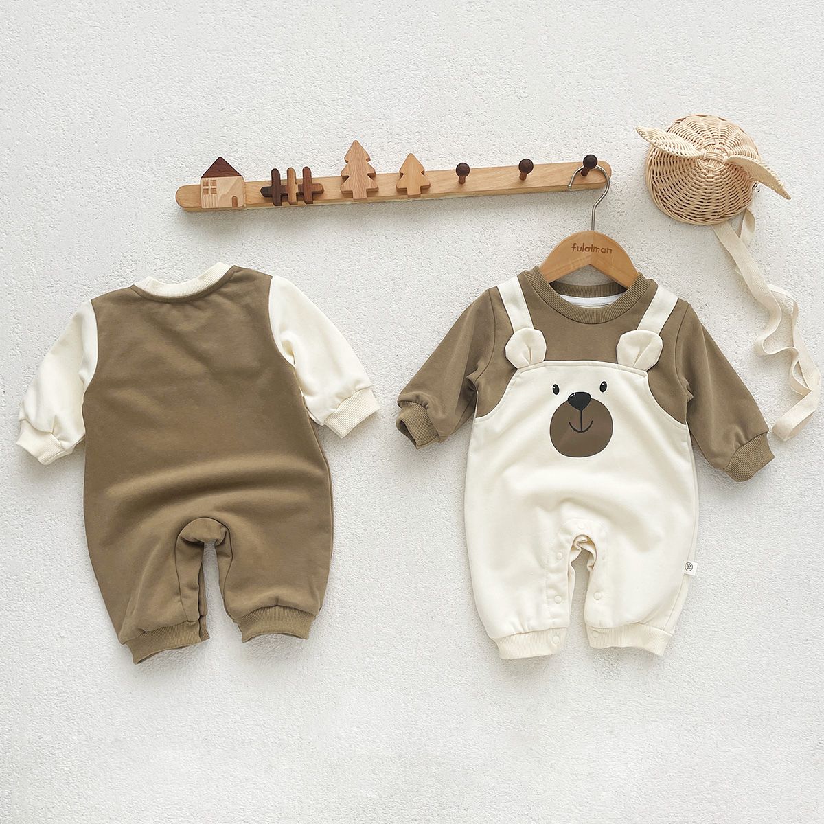 Autumn Baby Bodysuit Little Bear Pattern Dual Color Long Sleeve Warm Jumpsuit Baby Clothes Baby Boys Girls Romper 0-2 Years Old