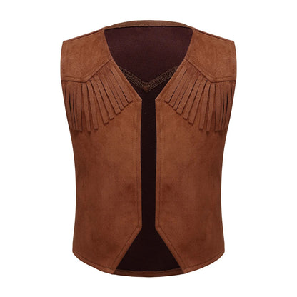 Wild West Cosplay Cowboy Cowgirl Costume Halloween Dress Up Clothes New Fringe Sleeveless Vest with Bandanna Hat Set
