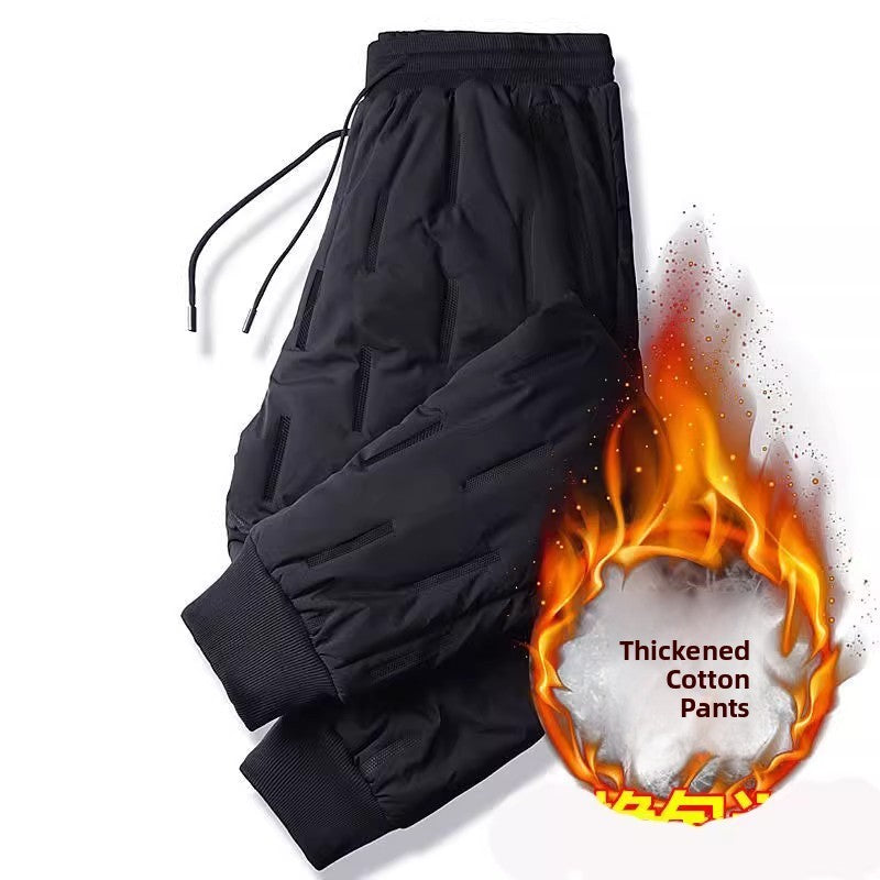 Calças de algodão masculinas de inverno com enchimento de penas, corta-vento, quentes, folgadas, tamanho grande, uso externo, resistentes ao desgaste, à prova de sujeira, térmicas