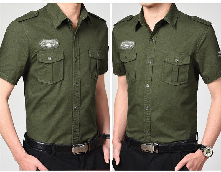 Men Cargo Shirts Summer Military Cotton Short Sleeve Shirts Retro Slim Fit With Pocket Epaulets Half Sleeve Shirts Drop Shipping