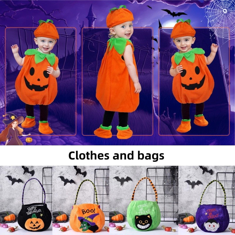 Kids Romper Costume Pumpkin Halloween Cosplay Party Boys Girls Stage Performance With Bags Holiday Clothing