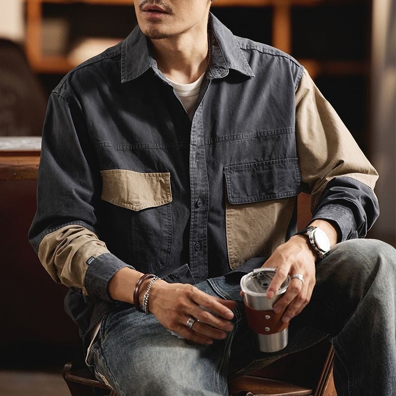 Vintage Heavy Weight Carbon Grinding Patchwork Shirts Mens Spring Autumn Trendy Long Sleeves Cargo Shirt Streetwear Casual Tops
