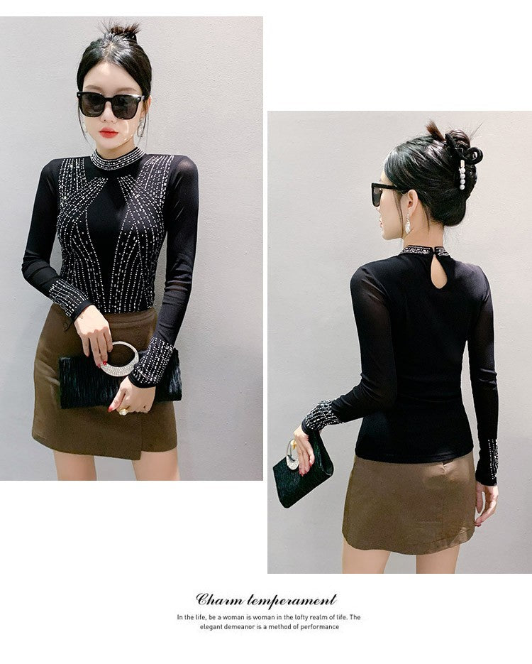 2025 European Station Long Sleeve Women Tees Autumn Winter New Stand collar Hot Diamond T Shirt Fashion Slim Mesh Tops