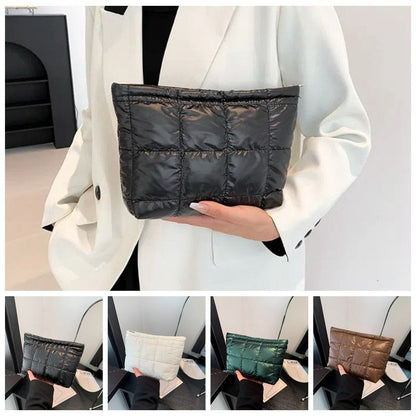 Cotton Filled Puffer Pouch PU Leather Storage Purse Puffer Padded Makeup Bag Waterproof Solid Color Thick Plaid Clutch Bag Work