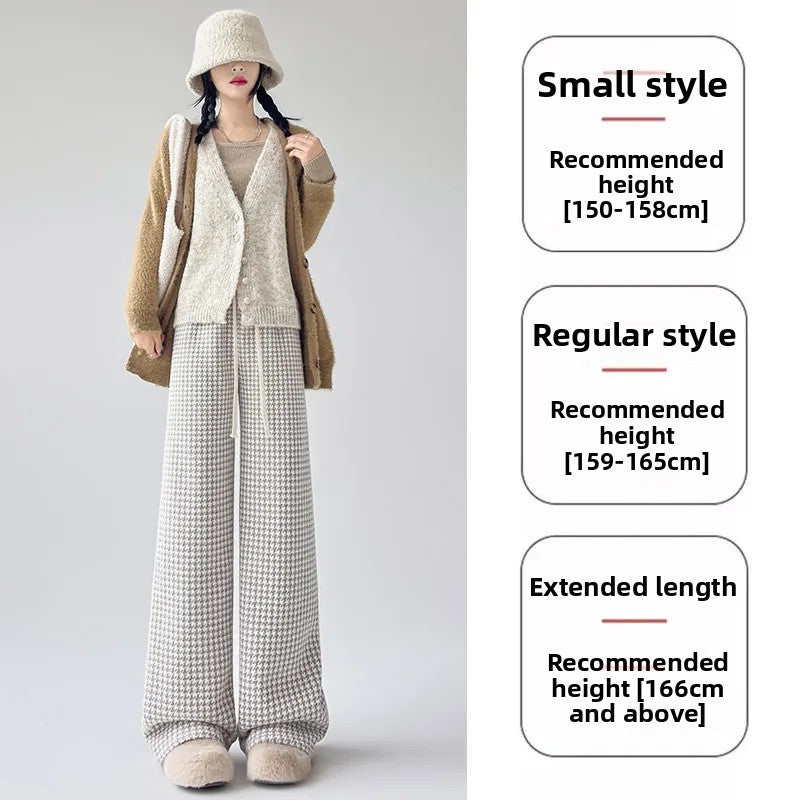 High Waist Wide Leg Pants Women's Autumn Winter New Style Lazy Casual Fleece Woolen Plaid Trousers Fashionable Comfortable